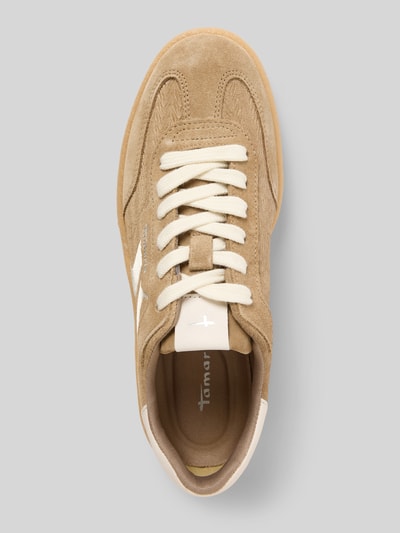Productfoto, Low Top Sneaker aus Rindsleder-Textile-Mix van Tamaris in effen beige, ronde neus, vlakke zool, suède en glad leer, label- en logo-prägung, effectgaren, gestructureerde zool, vetersluiting