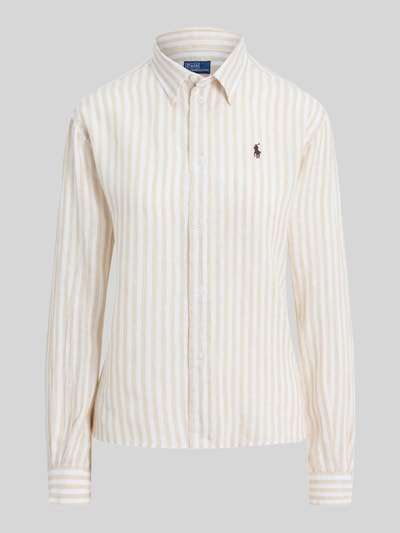Produktfoto, Boxy Fit Leinenbluse mit Allover-Muster von Polo Ralph Lauren, gestreift, beiger und weißer Farbton, Logo-Stitching, reine Leinenstruktur