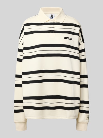 Produktfoto, Oversized Polo-Langarmshirt mit Streifenmuster von Karo Kauer, mieszanka bawełny, wyhaftowane logo, listwa guzikowa, długość tyłu 71 cm w rozmiarze S
