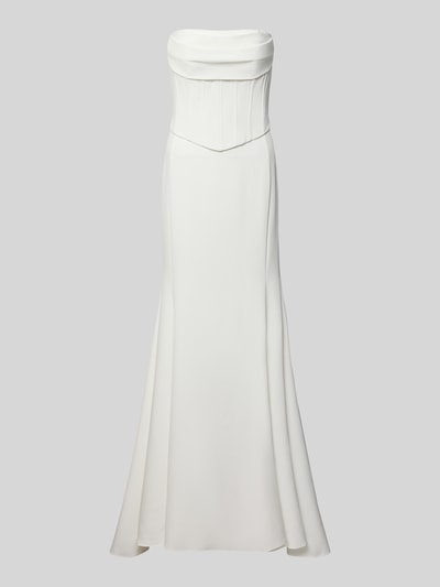 Produktfoto, elegantes weißes Abendkleid im Off-Shoulder-Look von LUXUAR FASHION, figurbetonter Schnitt, Maxikleid, glatte Textur
