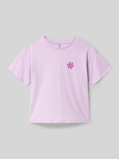 Produktfoto, Kinder T-Shirt von Only Regular Fit T-Shirt aus reiner Baumwolle Modell 'SUN-VERAS', Optik: Unifarben mit Motiv-Print, Jersey-Struktur, Farbe Helllila.