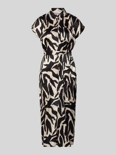 Produktfoto, Hemdblusenkleid mit Brusttasche und Bindegürtel van Apricot, materiaalmix met stretch, getailleerd model, midi-jurk, overhemdkraag, knoopsluiting, borstzak, strikceintuur, ruglengte maat S 123 cm, borstwijdte maat S 48 cm, mouwlengte maat S 3 cm, zwart-beige dessin, gladde textuur, rechthoekige vorm.