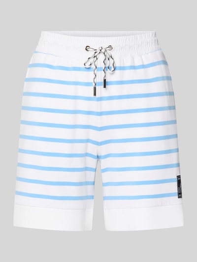Produktfoto, Shorts mit Label-Detail und Tunnelzug von Marc Cain aus Baumwoll-Mix mit Modal-Anteil, Regular-Fit, weiß-blau gestreift, glatte Struktur