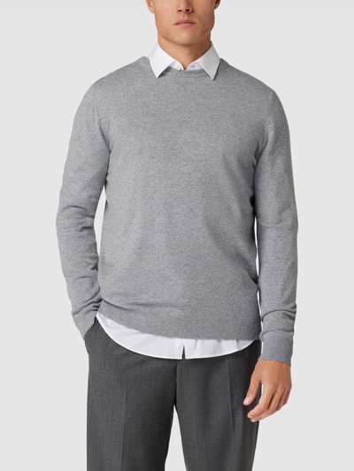 Christian Berg Men Kaschmir Pullover mit geripptem Rundhalsausschnitt Mittelgrau meliert 4