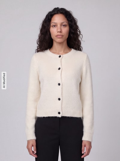 Modelka kobieca nosi kardigan rozpinany Regular Fit Strickjacke mit Woll-Anteil model 'NOVAH' od VERO MODA w kolorze kremowym z czarnymi guzikami, tekstura miękka, proste linie, proste rękawy, widok całej sylwetki z przodu, KI-modifiziertes Bild.