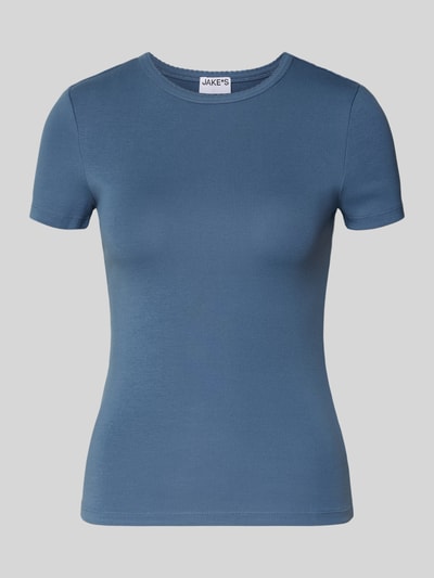 Produktfoto, T-Shirt mit Feinripp und Rundhalsausschnitt von Jake*s Casual aus Baumwoll-Mix mit Stretch-Anteil, Slim Fit, Farbe Blau