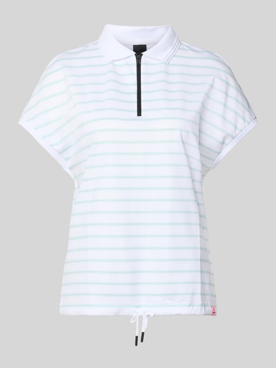 Produktfoto, Regular Fit Poloshirt mit Reißverschluss von FIRE + ICE in Weiß mit dezentem Allover-Look, Tunnelzug, Modell GAJA2, Rückenlänge 62 cm bei Größe S, feine Streifen, strukturierte Oberfläche