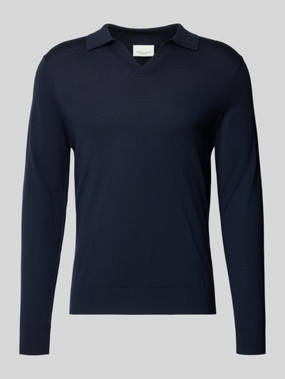 Produktfoto, dunkelblauer Strickpullover mit Polokragen und V-Ausschnitt von Profuomo aus reiner Baumwolle im Slim Fit, glatte Textur