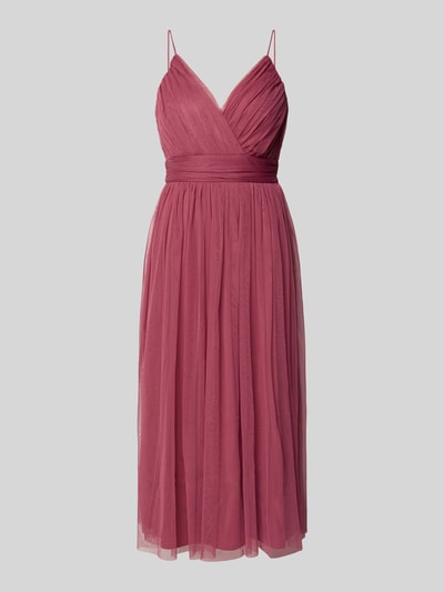 Produktfoto, cocktailjurk met spaghettibandjes van LACE & BEADS in roze chiffon, getailleerd model, midi-jurk, V-hals, haakjes- en ritssluiting, ruglengte maat S 96 cm, borstwijdte 47 cm