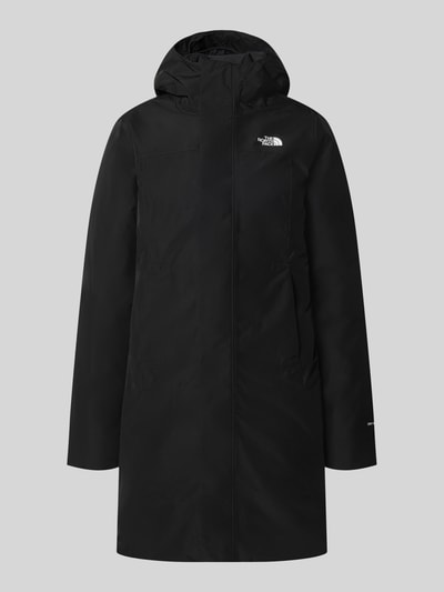 Produktfoto, zwarte lange jas met capuchon Model 'SUZANNE' van The North Face, recht pasvorm, ritssluiting, labeldetail, zij-steekzakken, mat oppervlak