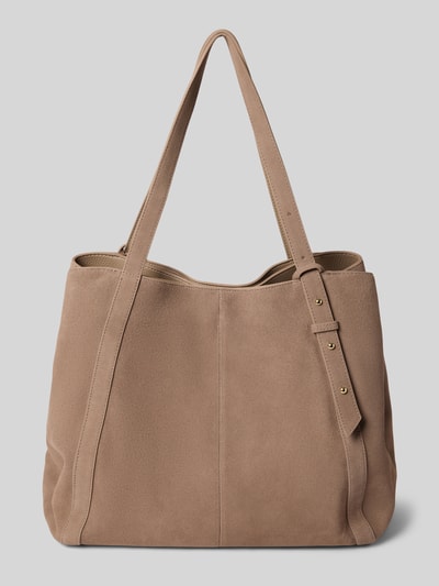 Produktfoto, Shopper aus Kalbsleder mit Label-Detail von Hey Marly in Beige, Tragehenkel, Hauptfach mit Magnetverschluss, Maße 40x31x21 cm, Länge Schulterriemen 58 cm. Damen Accessoire.