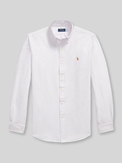 Produktfoto, weißes Custom Fit Freizeithemd aus reiner Baumwolle von Polo Ralph Lauren mit feinen Streifen auf grauem Hintergrund.