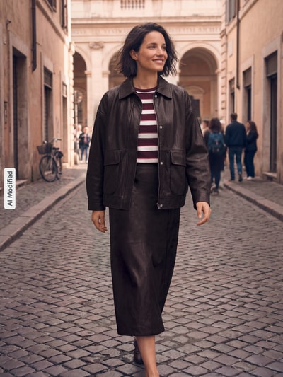 Frauenmodel trägt Regular Fit T-Shirt aus reiner Baumwolle von Jake*s Casual in Dunkelbraun und Bordeaux, Ganzkörperansicht von vorne, KI-modifiziertes Bild.