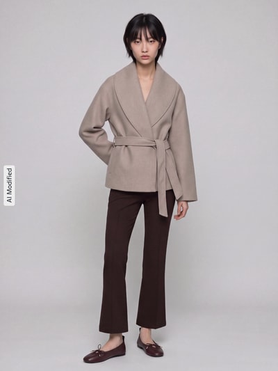 Vrouwenmodel draagt Regular Fit kortemantel met strikceintuur Model 'AUGUSTA' van ONLY in gemêleerde look, steekzakken, reverskraag, lange mouwen, kort, ganzkörperansicht van voren, KI-modificeerd beeld