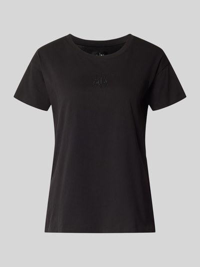 Produktfoto, T-Shirt aus reiner Baumwolle von Armani Exchange, Damen T-Shirt in Schwarz mit geradem Schnitt, Rundhalsausschnitt, Label-Detail und Strasssteinbesatz, Rückenlänge bei Größe S 59 cm