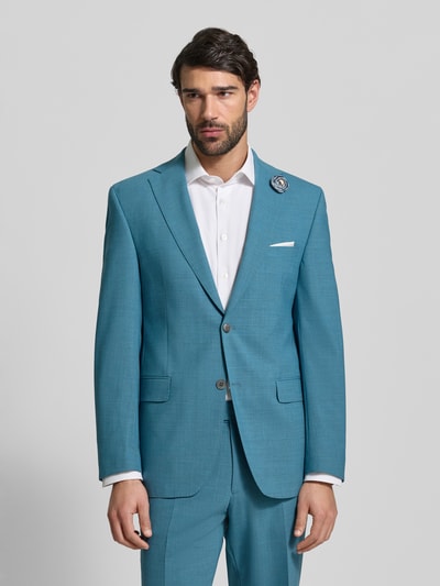 Männermodel trägt Slim Fit 2-Knopf-Sakko aus Viskose-Mix von Carl Gross in Türkis mit Strukturmuster, floraler Zier-Applikation, Ganzkörperansicht von vorne.