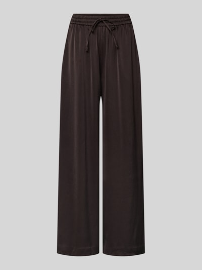 Produktfoto, stoffen broek met elastische band Model 'HELENA' van Samsøe Samsøe, materiaalmix met stretch, los model, tunnelkoord, Franse steekzakken, bandwijdte maat S 35 cm, binnenbeenlengte 78 cm, donkerbruin met soepele structuur.