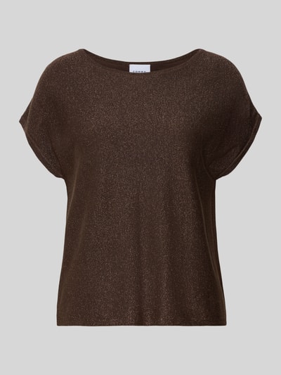 Produktfoto, schimmerndes Strickshirt aus Viskose-Mix mit Rundhalsausschnitt von Comma, Damen, Regular-Fit, Rückenlänge 51 cm bei Größe 36, braune Grundfarbe, fein strukturierte Textur