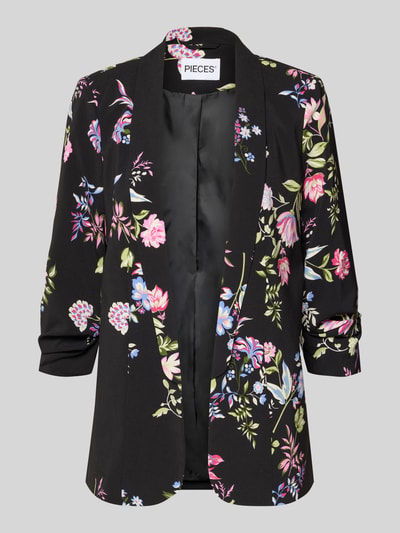 Produktfoto, Shaped Fit Longblazer mit Schalkragen Modell 'BOSELLA' von PIECES, Damen Longblazer, schwarzer Stoff mit buntem Blumenmuster