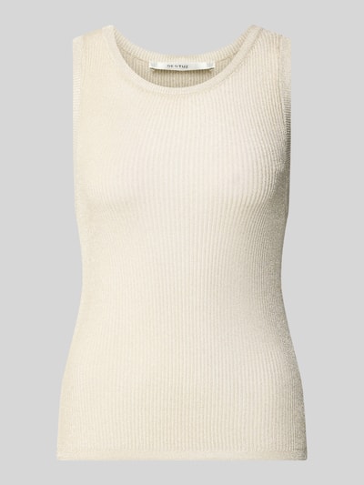 Produktfoto, Stricktop aus Viskose-Mix Modell 'Silvi' von Gestuz, Damen, Slim-Fit, Rundhalsausschnitt, cremefarben, feine Rippenstruktur.