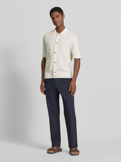 Męski model nosi Regular Fit Poloshirt mit Strukturmuster Modell 'ARAAWEN' von Tiger Of Sweden z czystej bawełny, jasny kolor, kołnierzyk polo, pełna listwa guzikowa, krótki rękaw, casualowe spodnie, Ganzkörperansicht von vorne.