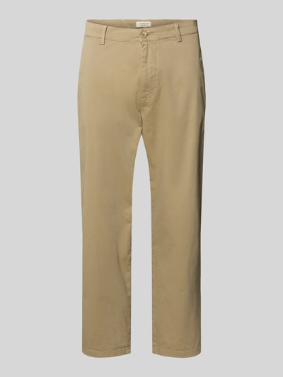 Produktfoto, Chino met steekzakken model 'PEPE' van Casual Friday, regular fit, knoop- en ritssluiting, beige, structuur in katoen, zicht op gehele product, context: heren chino van Casual Friday, bandbreedte maat 32/32: 44 cm, binnenbeenlengte 72 cm, achterzakken.