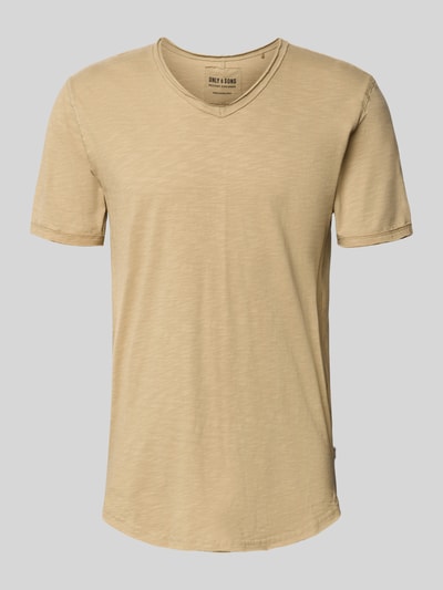 Produktfoto, Regular Fit T-Shirt aus reiner Baumwolle Modell 'BENNE LONGY' von Only & Sons, Optik: Unifarben, V-Ausschnitt, Kurzarm, Rollsaum