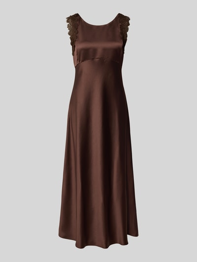 Produktfoto, Midikleid aus Satin mit Spitzenbesatz von Luisa Cerano, brązowa satyna, obszycie koronką, taliowany krój, okrągły dekolt