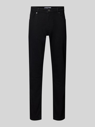Produktfoto, Slim Fit Jeans im klassischen Five-Pocket-Design von REVIEW in Schwarz, reine Baumwolle, glatte Struktur, schmaler Schnitt.