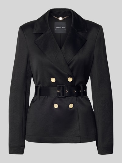 Produktfoto, Blazer mit Reverskragen von Marc Cain, Acetat-Mix, taillierter Schnitt, Taillengürtel, Knopfverschluss, Schwarz, glatte Struktur