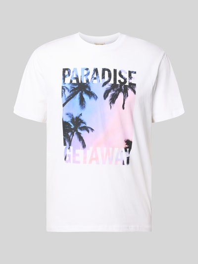 Produktfoto, Regular Fit T-Shirt aus reiner Baumwolle Modell 'MAGDY LIFE' von Only & Sons, Herren T-Shirt, Optik: unifarben, Foto-Print, Rundhals, Kurzarm, glatte Textur, Vorderseite mit Palmenmotiv in Pastellfarben.