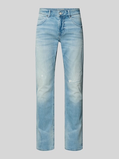 Produktfoto, Straight Fit Jeans im Used-Look Modell 'Nightflight' von PME Legend, Baumwoll-Mix mit Stretch-Anteil, 5-Pocket-Design, Knopf- und Reißverschluss, Logo-Detail, hellblau mit verwaschenen Partien und kleinen Abriebspuren, Herren Jeans, Bundweite 44 cm, Innenbeinlänge 81 cm