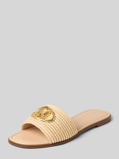 Produktfoto, Slipper mit Logo-Detail Modell 'Kora' von Steve Madden in Beige mit abgerundeter Passform, offene Ferse, Absatzhöhe 1 cm, Damen