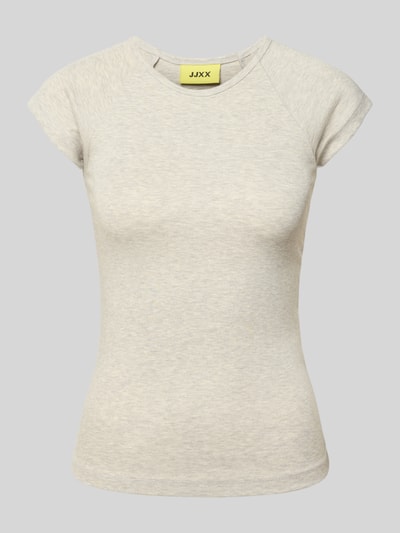 Produktfoto, Slim Fit T-Shirt mit Rundhalsausschnitt Modell 'Star' von JJXX, Damen T-Shirt im Elastischer-Material-Mix mit Modal-Anteil, Rückenlänge 52 cm bei Größe S, hellgraue melierte Optik, glatte Textur.