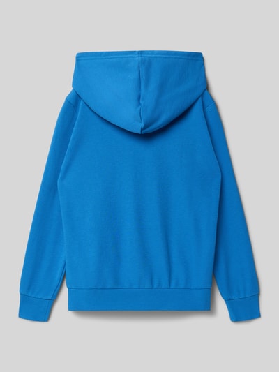 Produktfoto, blauer Hoodie mit elastischen Abschlüssen, Kapuze und Label-Stitching, Modell 'ICONS' von CHAMPION, lockerer Schnitt, Baumwollmischung