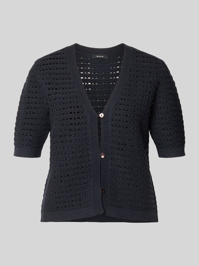 Produktfoto, Regular Fit Cardigan aus Viskose-Mix Modell 'Dostal' von OPUS in Dunkelblau, kurzärmelig, Strick-Optik, semitransparent, V-Ausschnitt, durchgehende Knopfleiste, strukturierte Textur