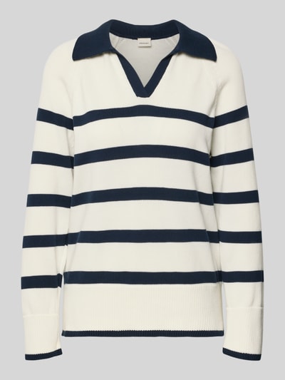 Produktfoto, Gestreifter Pullover mit Polokragen von Stefanel in Weiß mit marineblauen Streifen, reine Baumwolle, Regular Fit, feine Strickstruktur
