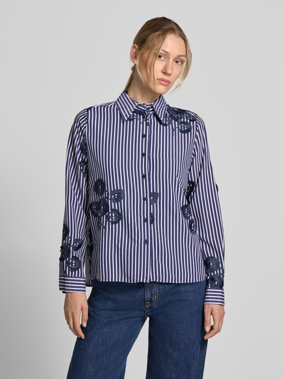 Milano Italy Regular fit overhemdblouse van viscosemix met florale stitching Marineblauw - 4