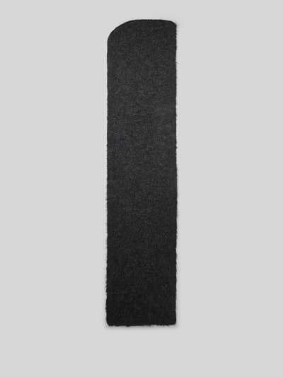 Produktfoto, Schal in Strick-Optik von MYON, rechteckige Form, ausgefranstes Design, gerippte Abschlüsse, dunkelgraue Farbe, texturierte Oberfläche, Breite 18 cm, Länge 60 cm