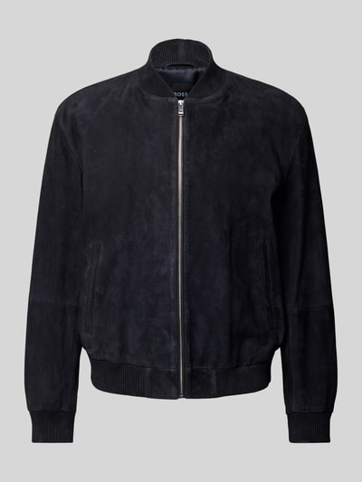 Produktfoto, Regular Fit Lederjacke aus echtem Ziegenvelours Modell 'H-MULLER' von BOSS, Optik: Unifarben, College-Kragen, Reißverschluss, Langarm, Ärmelabschluss und Rumpfabschluss gerippt, seitliche Eingrifftaschen, Materialverarbeitung: Velours, Material: Ziegenleder