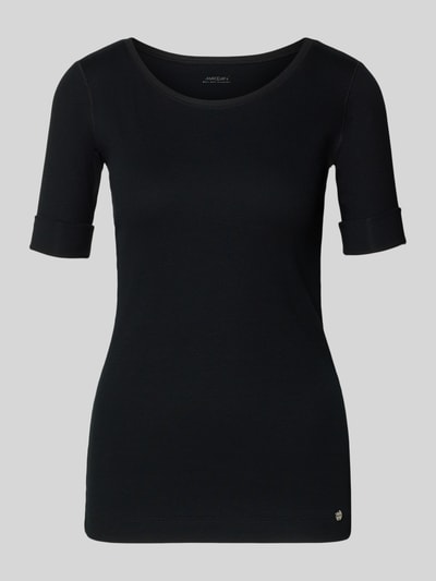 Produktfoto, T-Shirt mit Ärmelaufschlag und Rundhalsausschnitt von Marc Cain, Damen T-Shirt aus Baumwoll-Mix mit Stretch-Anteil, Körpernaher-Schnitt, Feinripp, Rückenlänge bei Größe 36: 62 cm, tiefschwarze Farbe, glatte Feinripp-Struktur, schlichte Optik.