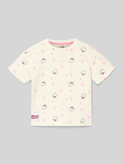 Produktfoto, Regular Fit T-Shirt aus reiner Baumwolle Modell 'KITTY' von Only in Weiß mit rosa Allover-Muster, Feinripp-Struktur, Rundhalsausschnitt