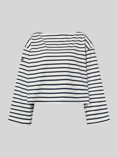 Produktfoto, Oversized Pullover aus reiner Baumwolle von Polo Ralph Lauren in Weiß mit dunkelblauen Streifen, U-Boot-Ausschnitt, unifarben, Damenmode