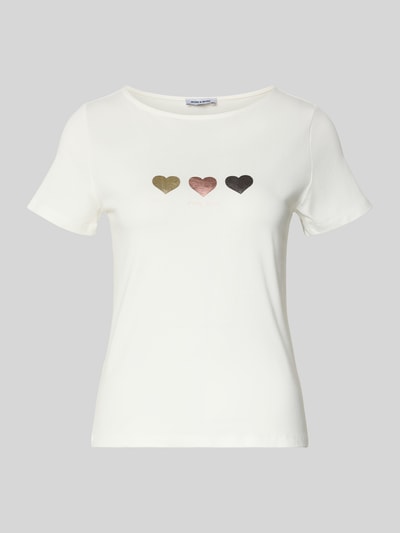 Productfoto, T-Shirt met Motiv-Print van More & More, dames T-shirt katoen-modal-mix met stretch, slim fit, geribbelde ronde hals, motiefprint, lengte achterzijde maat 36: 58 cm, effen wit, drie hartjes op de borst, gladde textuur
