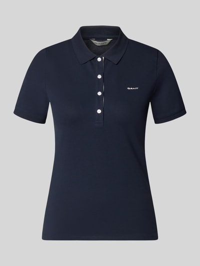 Produktfoto, Slim Fit Poloshirt mit Label-Stitching van Gant, dames poloshirt, mix van katoen en elastaan, knoopsluiting, ruglengte maat S 59 cm, donkerblauw