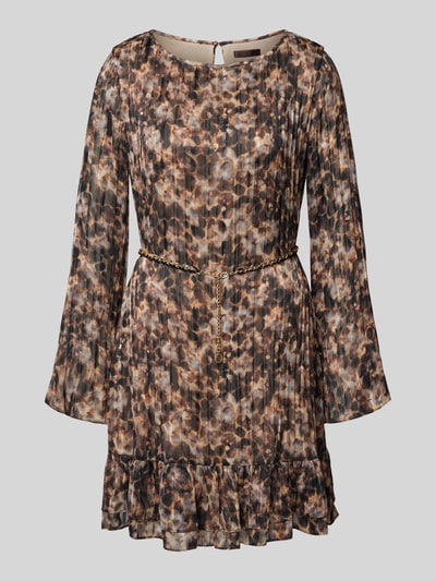 Produktfoto, Minikleid mit Rundhalsausschnitt Modell 'ILENIA' von Guess, taillierter Schnitt, Taillengürtel, blickdichtes Unterkleid, braun gemustert