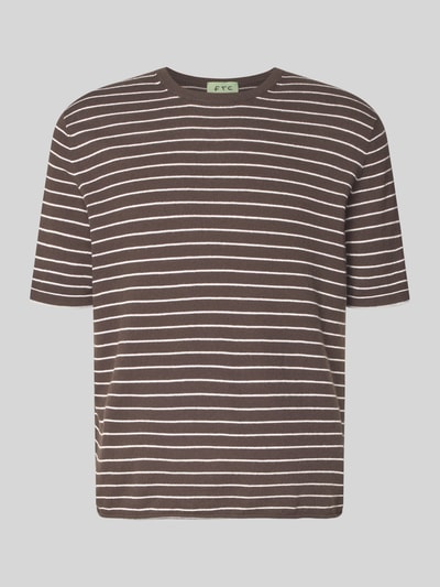 Produktfoto, T-Shirt in Strick-Optik mit Kaschmir-Anteil von FTC-Cashmere, braun mit weißen Streifen, Baumwoll-Lyocell-Mix, gerader Schnitt