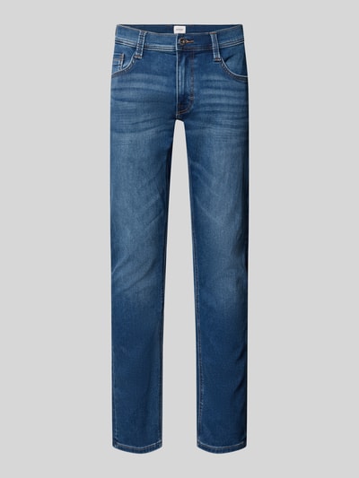 Produktfoto, Slim Fit Jeans aus elastischem Baumwoll-Mix Modell 'Oregon' von Mustang, 5-Pocket-Design, blaue Denim-Optik, glatte Struktur