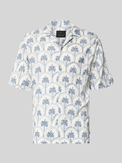 Produktfoto, Regular Fit Freizeithemd aus reiner Viskose Modell 'Fred' von JACK & JONES mit blauem floralen Allover-Print, Reverskragen, kurzärmelig, durchgehende Knopfleiste, strukturierte Oberfläche