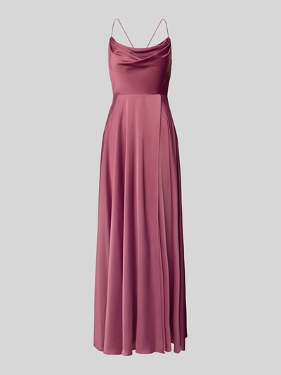 Produktfoto, Abendkleid mit rückseitiger Schnürung und Wasserfall-Ausschnitt von V.M., A-Linie, Maxikleid, fließender Stoff, Altrosa.